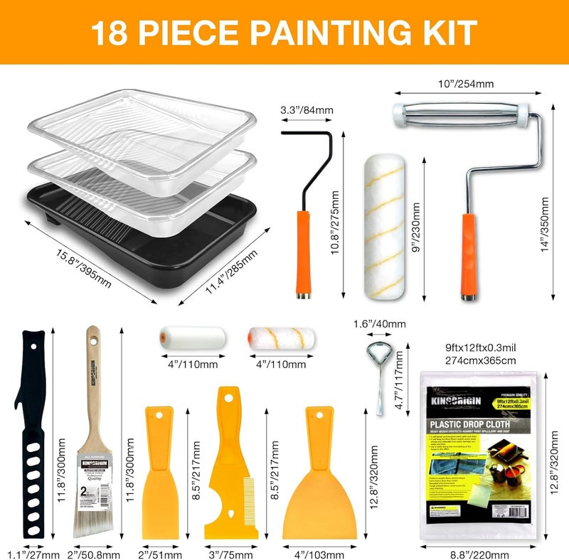 KingOrigin King Origin 18 Pcs Paint Roller Kit - 9" & 4" Paint Roller Covers, Paint Tray with Liners, Brush, Scrapers & Tools | All-in-One Painting Supplies for Walls, Ceilings, DIY Home | Paint Kit for House - Image 2